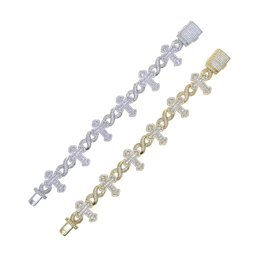 Iced out Cross Infinity Charm Bracelet for Women Men Micro Paved Cubic Zirconia Cuban Chain Hip Hop Rapper Fashion Jewelry