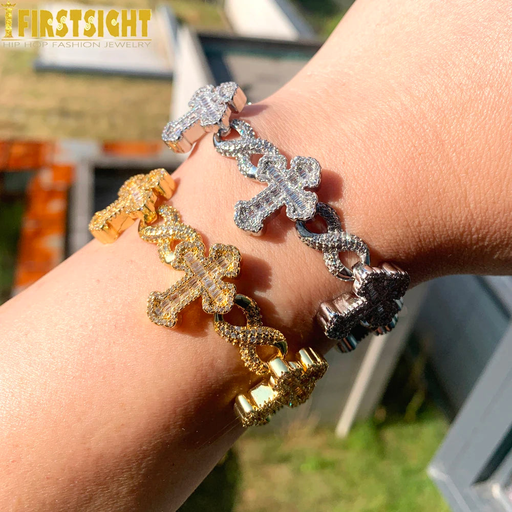 Iced out Cross Infinity Charm Bracelet for Women Men Micro Paved Cubic Zirconia Cuban Chain Hip Hop Rapper Fashion Jewelry