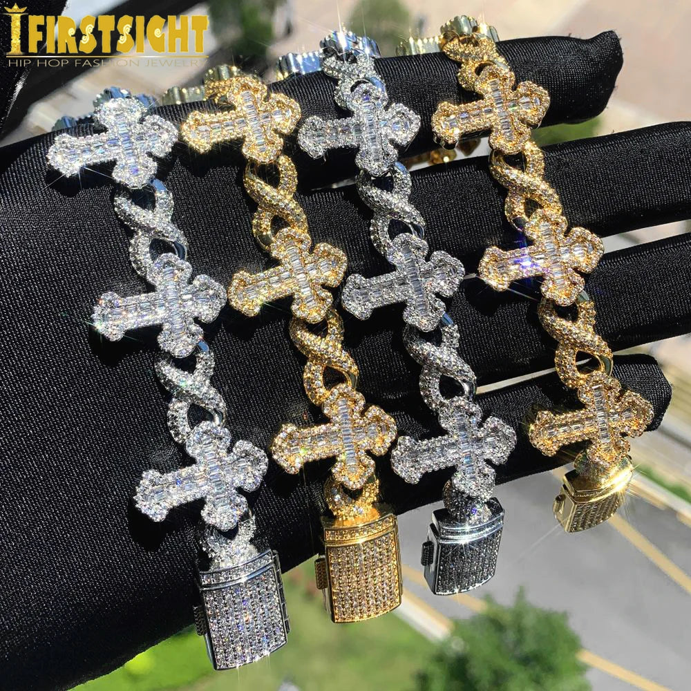 Iced out Cross Infinity Charm Bracelet for Women Men Micro Paved Cubic Zirconia Cuban Chain Hip Hop Rapper Fashion Jewelry