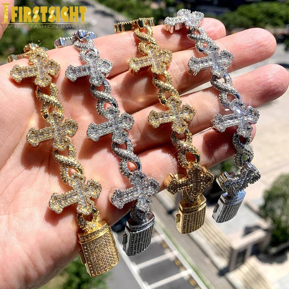 Iced out Cross Infinity Charm Bracelet for Women Men Micro Paved Cubic Zirconia Cuban Chain Hip Hop Rapper Fashion Jewelry