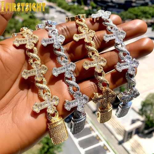 Iced out Cross Infinity Charm Bracelet for Women Men Micro Paved Cubic Zirconia Cuban Chain Hip Hop Rapper Fashion Jewelry