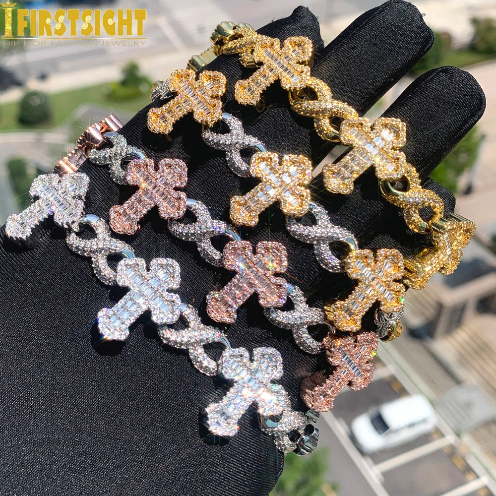 Iced out Cross Infinity Charm Bracelet for Women Men Micro Paved Cubic Zirconia Cuban Chain Hip Hop Rapper Fashion Jewelry