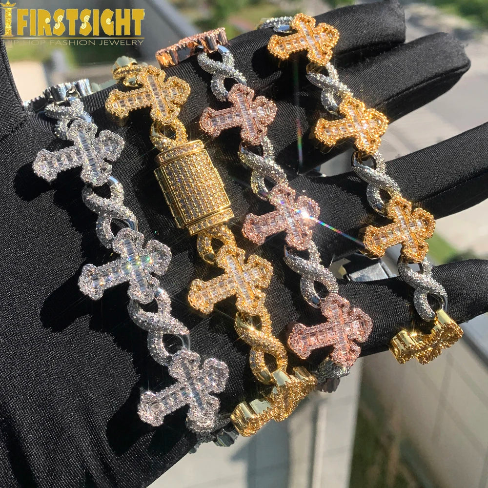 Iced out Cross Infinity Charm Bracelet for Women Men Micro Paved Cubic Zirconia Cuban Chain Hip Hop Rapper Fashion Jewelry