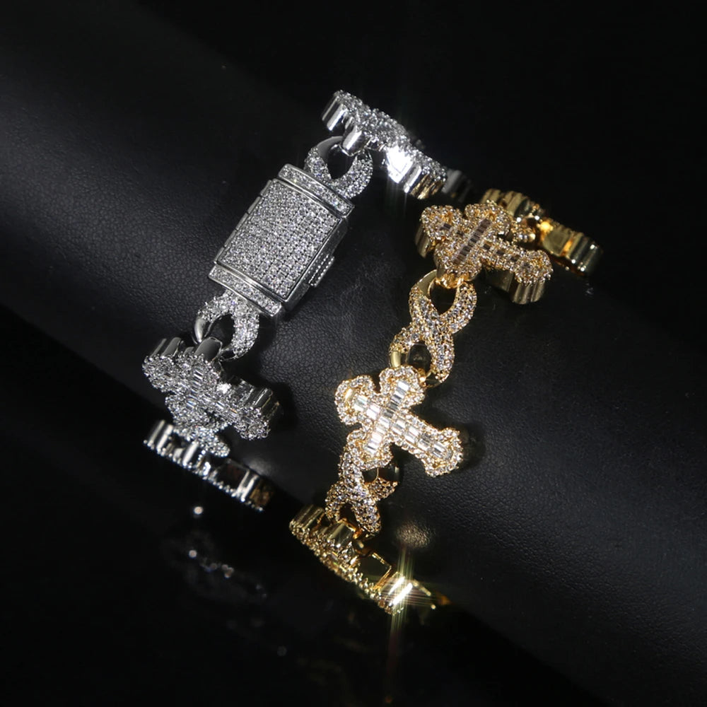 Iced out Cross Infinity Charm Bracelet for Women Men Micro Paved Cubic Zirconia Cuban Chain Hip Hop Rapper Fashion Jewelry