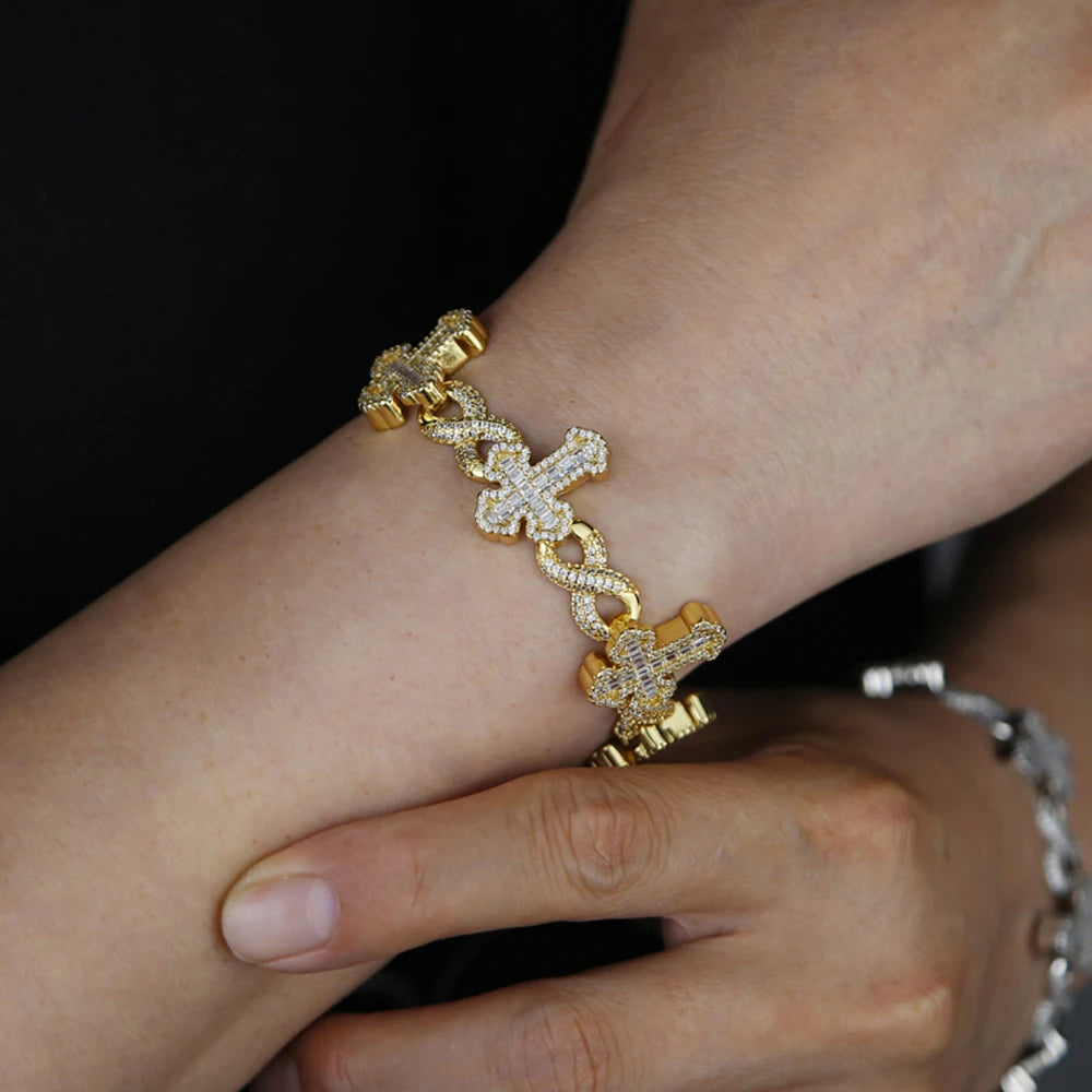 Iced out Cross Infinity Charm Bracelet for Women Men Micro Paved Cubic Zirconia Cuban Chain Hip Hop Rapper Fashion Jewelry