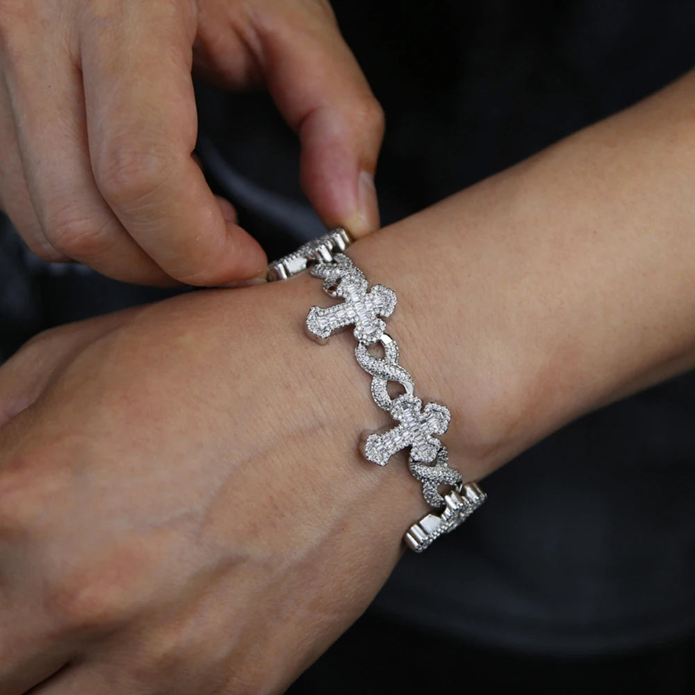 Iced out Cross Infinity Charm Bracelet for Women Men Micro Paved Cubic Zirconia Cuban Chain Hip Hop Rapper Fashion Jewelry